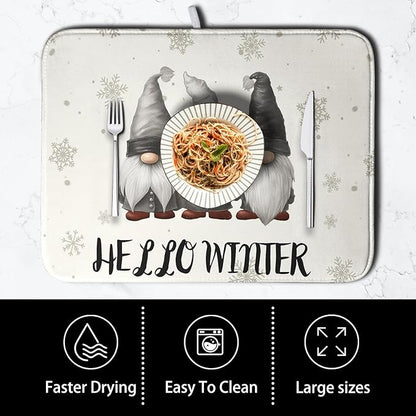 Winter Gnome Dish Drying Mat for Kitchen Counter 18x24 Christmas Snowflakes Santa Kitchen Drying Mat Hello Winter Dish Drainer Mat Super Absorbent Dish Rack Mat for Coffee Bar Countertop - Image 4