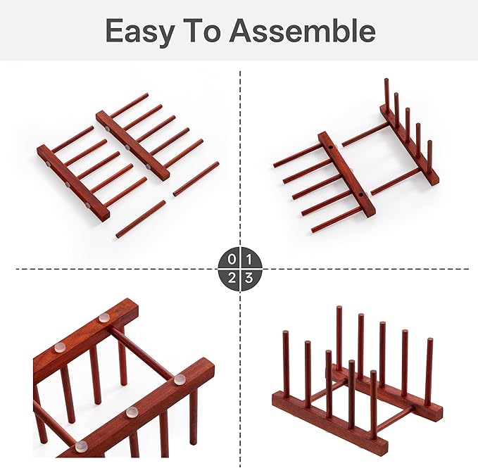 HBlife 4pcs Rosewood Wooden Dish Drying Rack - Home and Kitchen Organizer for Cups, Bowls, Pots, Lids, Cutting Boards & Plates Space-Saving for Cabinets Counters (4 Slots)
