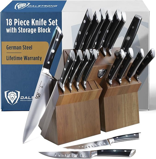 Dalstrong 18-Piece Gladiator Colossal Knife Block Set — German High-Carbon Steel, Full-Tang, Hand-Sharpened — For Home Chefs, Wedding Registries & Serious Kitchens — Acacia Wood Block, NSF Certified by Dalstrong