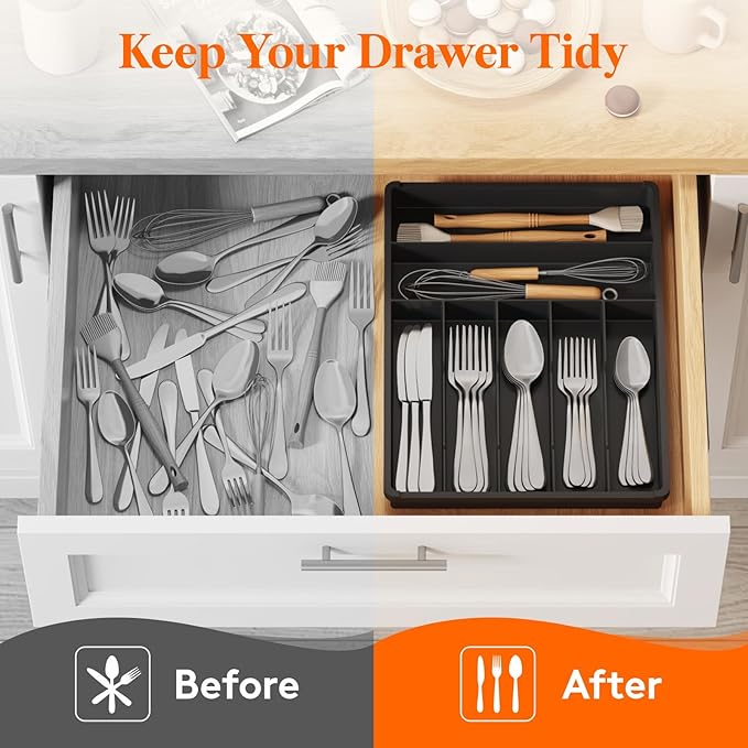 Lifewit Silverware Drawer Organizer Tray, Plastic Cutlery Storage for Kitchen, Flatware and Utensil Holder Divider for Spoons Forks Knives Tableware, 12.3 x 16", 7 Slots, Black - Image 8