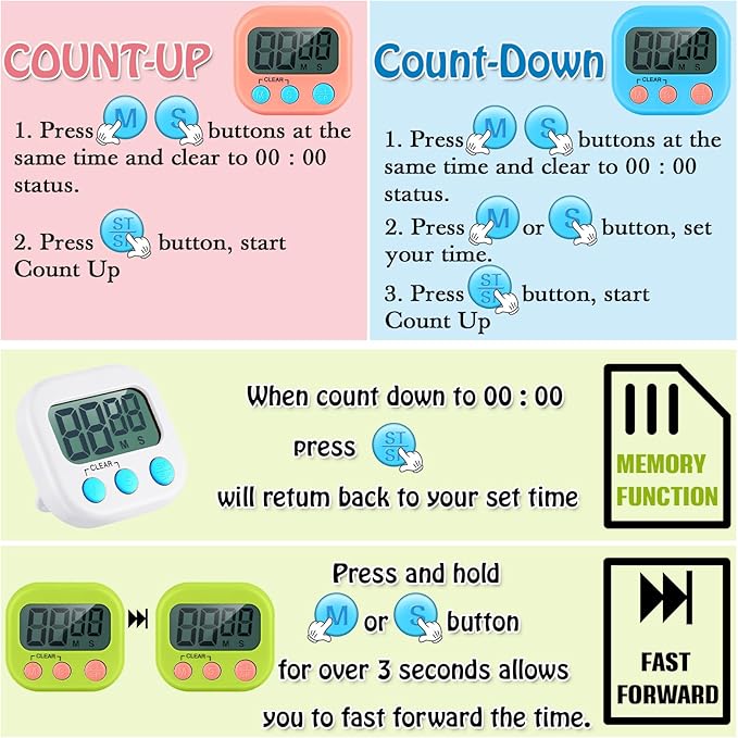 Xuhal 100 Pieces Digital Kitchen Timer Bulk, Small Magnetic Timers for Classroom, Digits Stopwatch Clock Timer for Cooking Baking Sports Games Office, Not Including Battery (Multicolor) - Image 4
