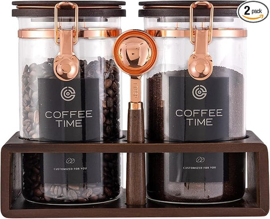 Glass Coffee & Sugar Canister Set, 2×45OZ Airtight Glass Storage Jars with Wooden Shelf and Scoop, Airtight Food Containers for Coffee Beans, Ground Coffee, Sugar and Tea（Rose Gold） by Flmeyaza