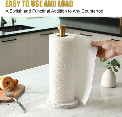 Koville Paper Towel Holder Countertop, Marble and Brass Standing Paper Roll Holder, Heavy Stone Paper Towel Holder with 6" Weighted Marble Base for Kitchen Bathroom(Arabescato Argento)