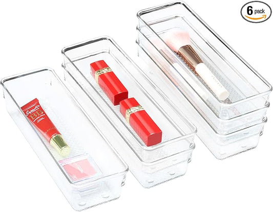 6 Set Clear Plastic Junk Drawer Organizer Vanity Curlery Utensil Makeups Organizer for Kitchen 9''X 3''