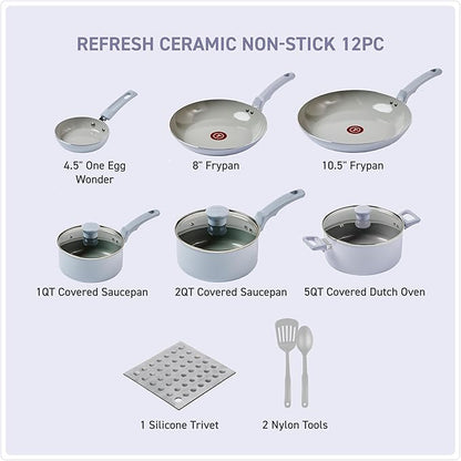 T-Fal Refresh Ceramic Nonstick Cookware Set, 12-Piece Nonstick Cookware, Oven Safe to 350°F, Stockpot, Griddle, Frying Pans, Utensils, Ceramic Pots and Pans Set, Blue - Image 2