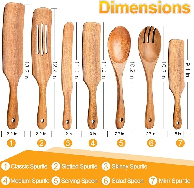 Spurtles Kitchen Tools Wooden, 7Pcs Wooden Spoons for Cooking, Natural Premium Spatula Set, Heat Resistant Cooking Utensil for Nonstick Cookware, Spurtle for Sourdough Starter - Image 2