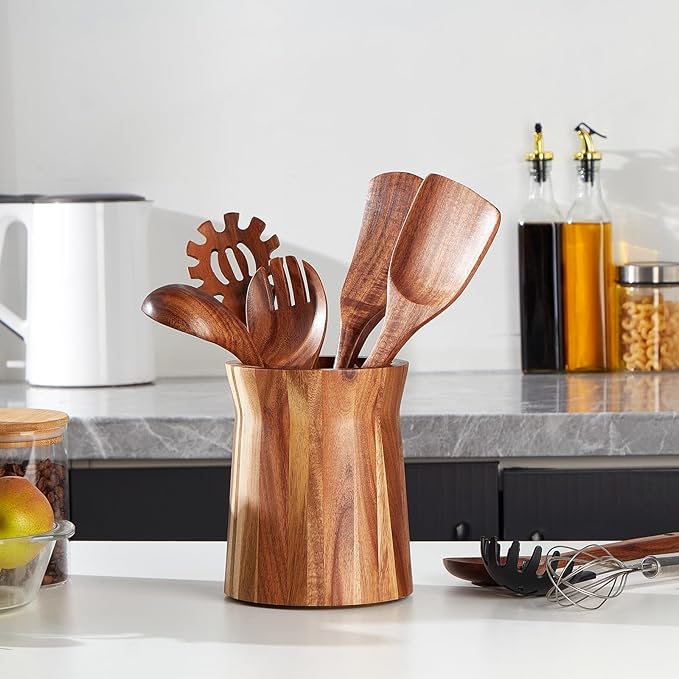 Wooden Utensil Holder for Countertop, 360° Rotating Kitchen Utensil Holder, 7.2"x 6" Large Acacia Wood Crock, Farmhouse Kitchen Decor - Image 3