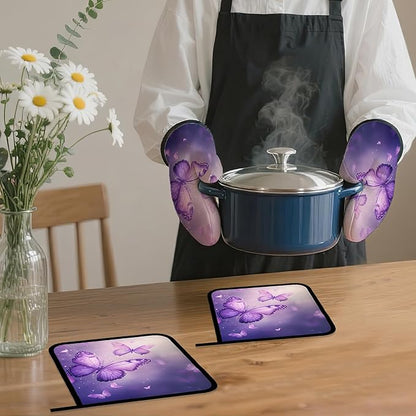 Purple Butterfly Oven Mitts and Pot Holders Set,Sparkling Kitchen Oven Gloves and Pot Holder with Heat Resistant Non Slip for Cooking Baking Grilling(4 Piece Set)
