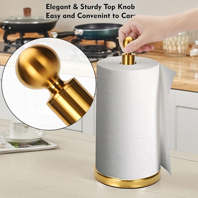 Gold Paper Towel Holder Countertop, Standing Paper Towel Roll Holder for Kitchen Bathroom, with Weighted Base for One-Handed Operation (Stainless Steel Base, Gold) - Image 3