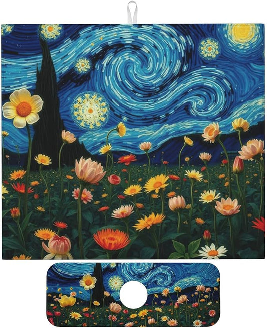 Starry Night Flowers Dish Drying Mat for Kitchen Counter, 16"x18" Microfiber Absorbent Fast Dry Mat, 2Pcs Dish Mat Faucet Mats Sets, Large Drying Kitchen Mat Kitchen Drying Pad