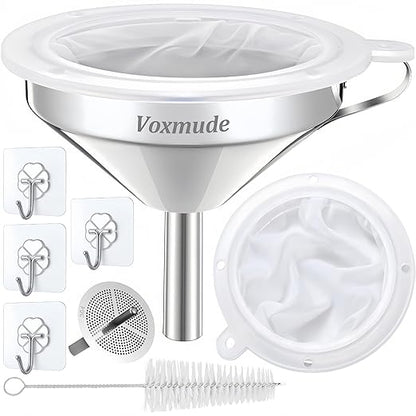 Kitchen Funnel with Strainer and 200 Fine Mesh Filter, 5 Inch Food Grade 18/8 Stainless Steel Fryer Oil Filter Funnel, Funnels for Kitchen use Filling Bottles, Cooking Oil Filter Strainer by voxmude