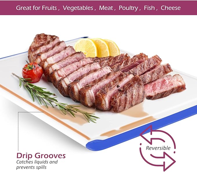 Large Cutting Boards for Kitchen - Dishwasher Safe Non-Slip Cutting Boards with Juice Grooves, Easy Grip Handles - Large and Thick Chopping Board Blue - Image 5