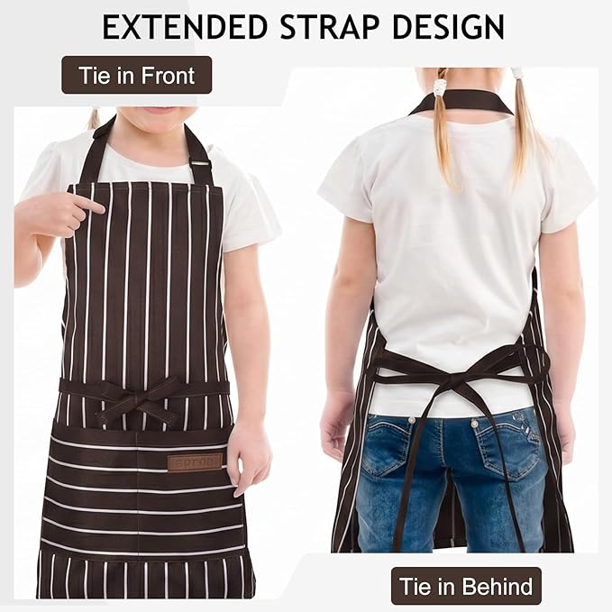 2 Pack Stripes Kids Apron, Kids Cooking Aprons with 2 Pockets, Cute Aprons for Cooking for Boys and Girls