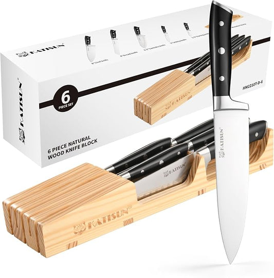 In-Drawer Knife Block with 5 Pieces Knives, Bamboo Knife Drawer Organizer for Kitchen, Perfect for Home and Chefs, Premium Knife Holder, Slots for 5 Knives Kitchen Drawer, Counter Top - Chef Gift Idea by KATISUN