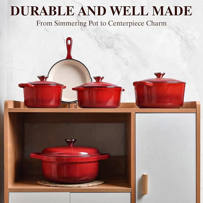 Enameled Cast Iron Dutch Oven - Umite Chef 5QT Pot with Lid & Cotton Potholders - Heavy-Duty Cookware for Bread Baking, Braising, Stews, Roasting(Red) - Image 9