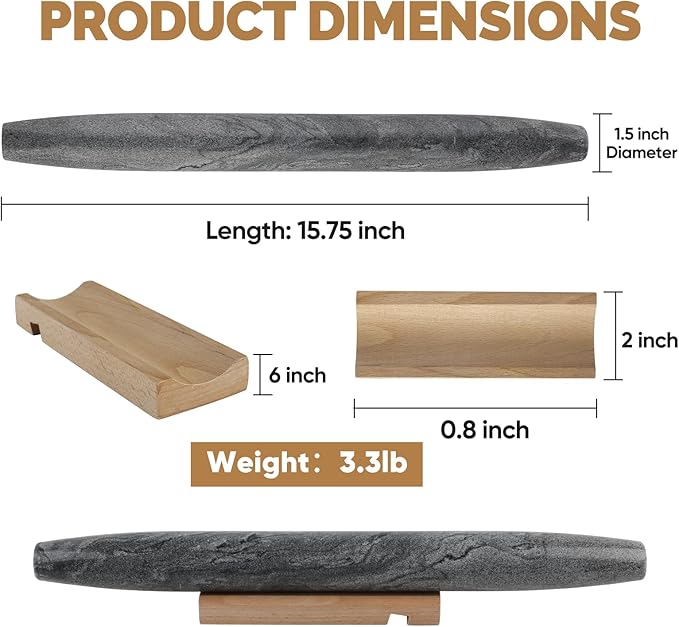 Koville African Natural Marble French Rolling Pin, 16inch Non-Stick Rolling Pin for Baking, Dough Roller for Pasta, Dumpling, Fondant, Pie, Bread, Pizza, Kitchen Baking Tools(Monte Grigio) - Image 2