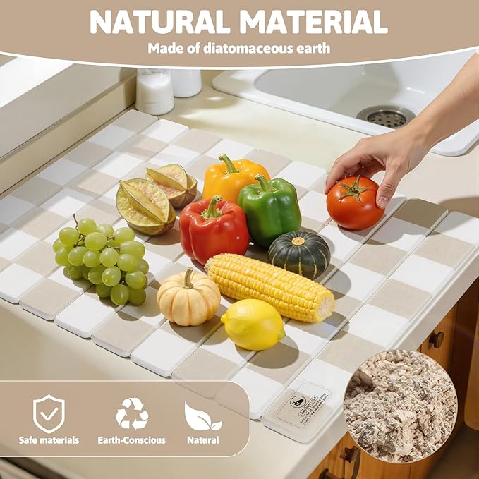 Yamaziot Large Stone Drying Mat for Kitchen Counter, 15.3"x24" Foldable Ultra Absorbent Stone Drying Mat, Quick-Dry Diatomaceous Earth Mat, Non-Slip Heat Resistant Mat for Dishes, Cups, Bottles, Beige