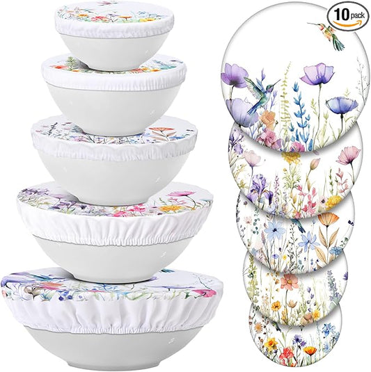 Patelai 10 Pcs Bowl Covers Reusable in 5 Size Stretch Cloth Fabric Elastic Food Storage Bowl Covers Bread Sourdough Lids for Proofing Food Fruits Leftover(Multicolor,Hummingbird Style) by Patelai