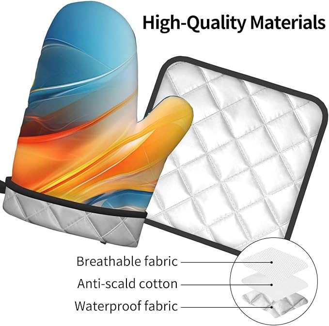 Burnt Orange Blue Abstract Fluid Oven Mitts and Pot Holders Sets of 3, Heat Resistant Non-Slip Boho Modern Kitchen Gloves Gift for Cooking Lover, Stylish Kitchen Decor for Baking BBQ Cooking Grilling - Image 9
