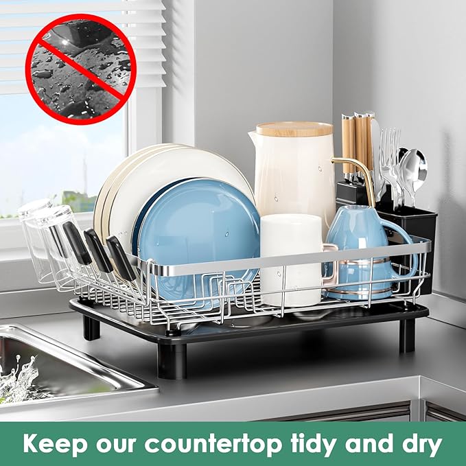 MOUKABAL Dish Drying Rack, Dish Rack, Stainless Steel Dish Racks for Kitchen Counter, Dish Drainer with Removable Utensil Holder, Drainboard (Black,Stainless Steel,13''W x 17''L) - Image 6