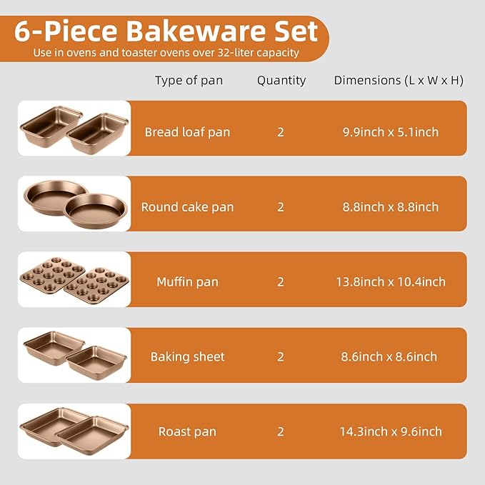11-Piece Nonstick Baking Pans Set - Professional Grade Carbon Steel Bakeware with Premium Coating- Dishwasher Safe, Stackable, Oven Safe to 450°F (Champagne) - Image 6