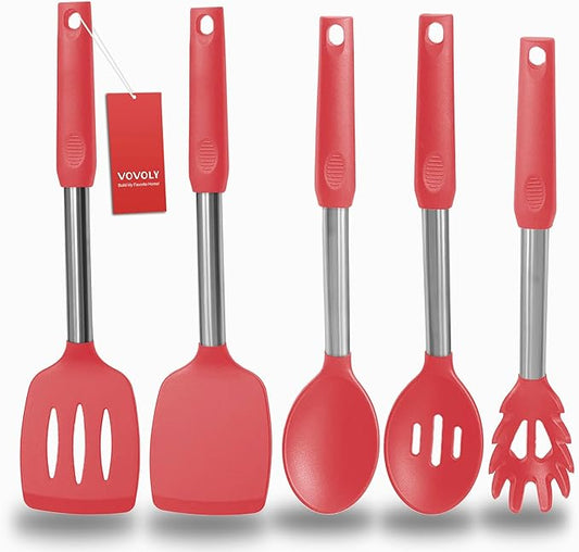 Silicone Spatula and Cooking Spoon,5 Pack Non-Stick Cooking Utensils for Kitchen，Heat Resistant Solid & Slotted Spoons and Spatulas, Stainless Steel Handle Coated with Silicone,Red by VOVOLY