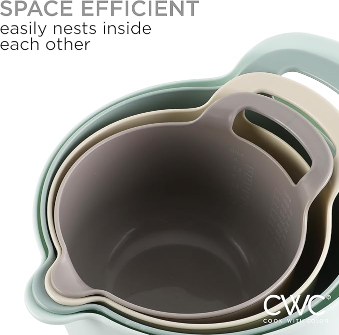 COOK WITH COLOR Nesting Plastic Mixing Bowl Set with Pour Spouts and Handles, Ombre Mint, 4 Piece Non-Slip - Image 6