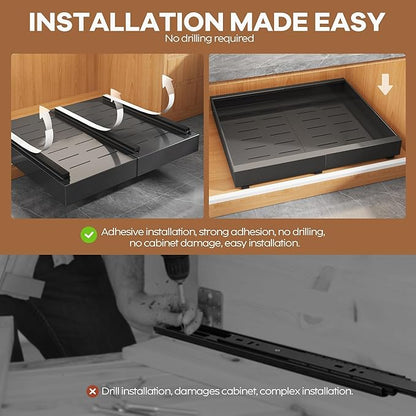 Seinloes 4 Pack Expandable Width (15.15"-26.3") Pull Out Cabinet Organizer 21" Deep with Raising Pad for Framed Cabinets, Upgrade 3 Slide Rails Slide Out Drawers, Roll Out Shelves Adhesive, Black - Image 7