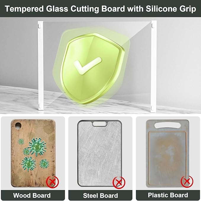 2Pcs Glass Cutting Boards for Kitchen(12x16" & 12x8"),Clear Tempered Glass Paired with White Silicone Grip,No Scratches/Microplastic-Free/Non Toxic,Excellent Gift for Mother's Day and Father's Day