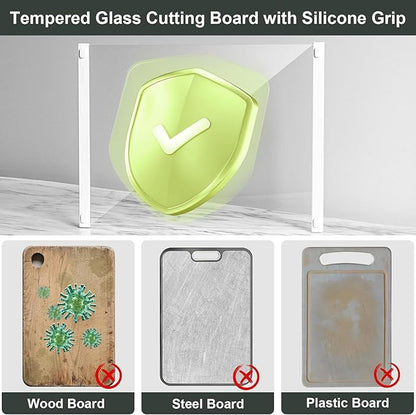 2Pcs Glass Cutting Boards for Kitchen(12x16" & 12x8"),Clear Tempered Glass Paired with White Silicone Grip,No Scratches/Microplastic-Free/Non Toxic,Excellent Gift for Mother's Day and Father's Day