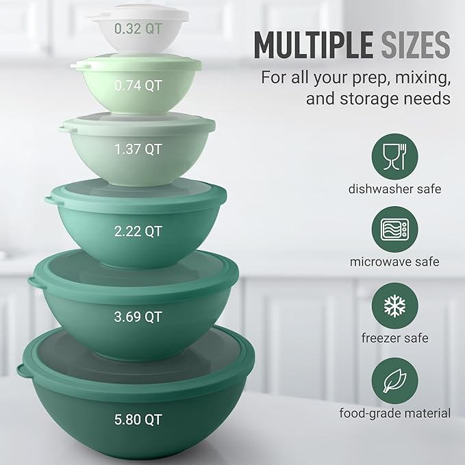 Zulay Kitchen 12 Piece Plastic Mixing Bowls with Lids Set - Colorful Mixing Bowl Set for Kitchen - Nesting Bowls with Lids Set - Microwave and Freezer Safe (Turquoise Ombre) - Image 2