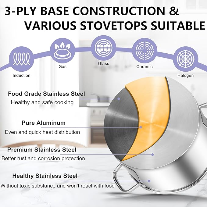 TeamFar Stainless Steel Stock Pot, 14QT Tri-ply Bottom Stockpot Large Cooking Soup Pot with Lid, for Induction Gas Electric Glass Tops, Non Toxic & Sturdy, Straight Sidewall & Various Stovetops Safe - Image 6