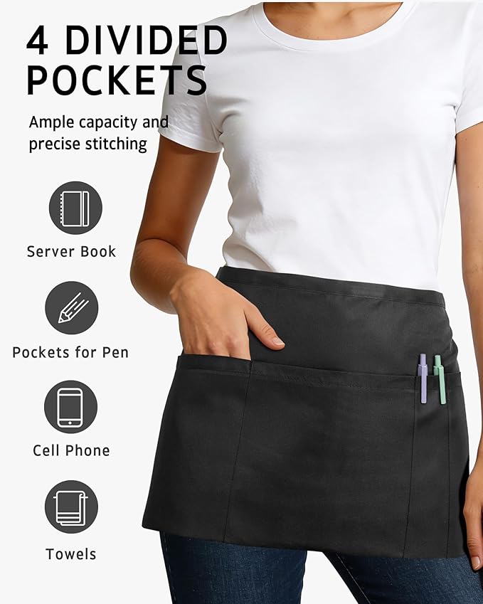 Syntus Server Apron for Men Women, Waitress Waist Apron, Black 1/3/12 Packs - Image 5