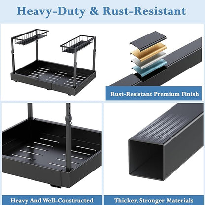 Aisslro Under Sink Organizer, 2 Tier Under the Sink Storage, Expandable Adjustable Slide Out Pull Out Under Cabinet Organizers Shelf, for Kitchen Bathroom Pantry Closet Organization, Black