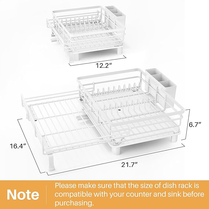 SNTD Dish Drying Rack - Extendable Dish Rack, Large Sink Drying Dish Drainer for Kitchen Counter, Stainless Steel Dish Strainer with Utensil Holder (White) - Image 2