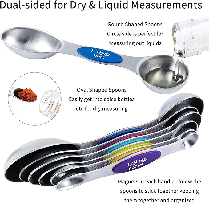 TILUCK measuring cups and magnetic measuring spoons set, stainless steel measuring cups, 6 double-sided stainless steel measuring spoons & 1 leveler (12) - Image 3