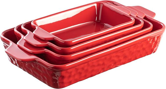 Dafuceramic Casserole Dishes for Oven, Baking Dishes, Ceramic Bakeware Sets of 4, Rectangular Baking Pan Set with Handles for Baking, Casserole, Kitchen, Wedding Gift (Red) by Dafuceramic
