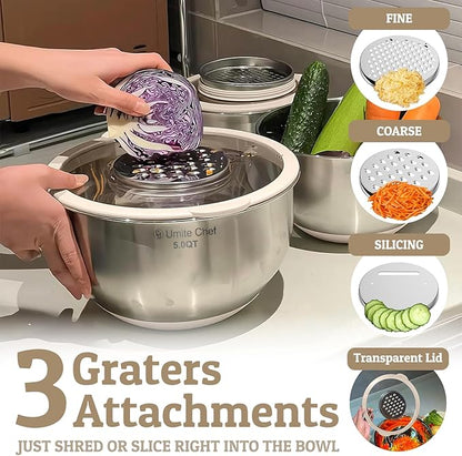 Mixing Bowles Set with Lids Set - Warp-Proof TPR-AS Lids, Stainless Steel Mixing Bowl with 3 Graters & Measuring Lines, Non-Slip Bowls for Baking, Prep, Airtight Food Storage (Khaki 5/3/2/1.5/0.63QT) - Image 3