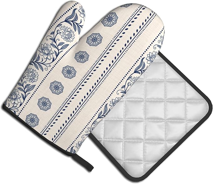 Boho Oven Mitts Set – Vintage Floral Pot Holders Kitchen Gloves for Women Bohemian Kitchen Mitts Potholders Set of 2 Durable for Cooking & Baking - Image 2