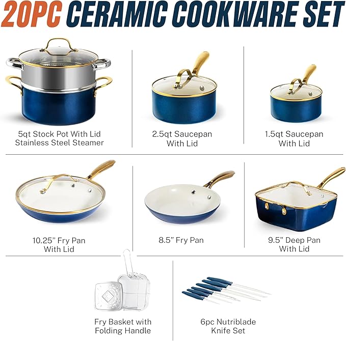 Gotham Steel 20pcs Pots and Pans Set Non Stick Ceramic Cookware Set with Deep Frying Pan Set & 6pc Knife Set, Improved Ti-Cerama Coating Made without PFOA PFOS Lasts 2x Longer, Oven & Dishwasher Safe - Image 2