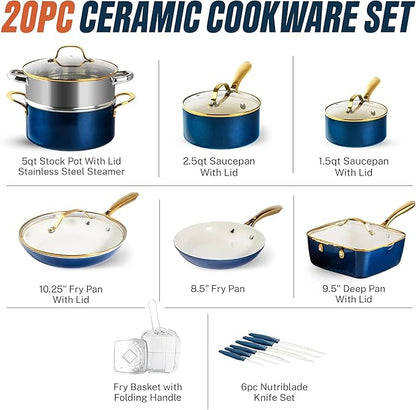 Gotham Steel 20pcs Pots and Pans Set Non Stick Ceramic Cookware Set with Deep Frying Pan Set & 6pc Knife Set, Improved Ti-Cerama Coating Made without PFOA PFOS Lasts 2x Longer, Oven & Dishwasher Safe - Image 2