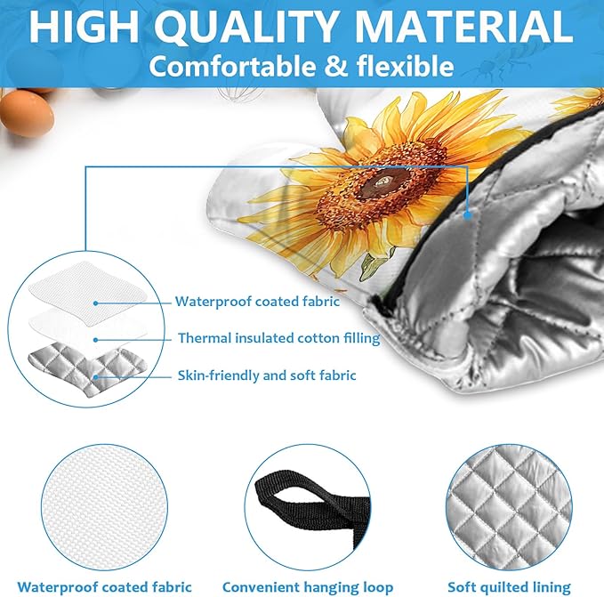 Watercolor Sunflower Oven Mitts and Pot Holders Sets Heat Resistant 4Pcs Busy Bee Potholders Oven Gloves Hot Pads for Kitchen Baking Cooking Grilling BBQ