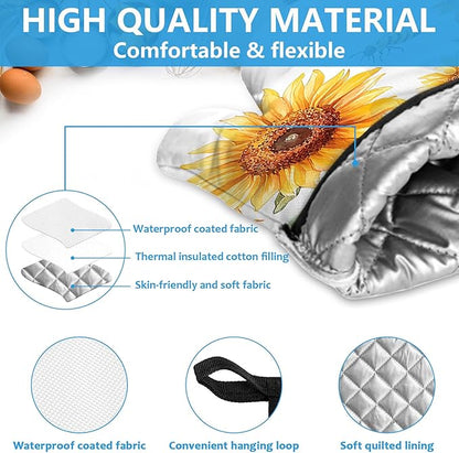 Watercolor Sunflower Oven Mitts and Pot Holders Sets Heat Resistant 4Pcs Busy Bee Potholders Oven Gloves Hot Pads for Kitchen Baking Cooking Grilling BBQ