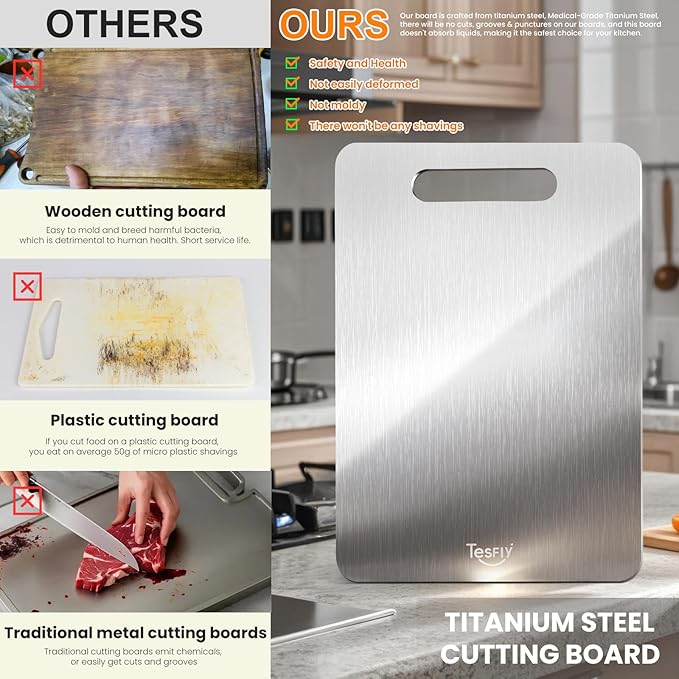 3 Pack Titanium Cutting Board, 100% Pure Titanium Cutting Boards For Kitchen, Dishwasher Safe, Easy to Clean, Double-sided Food-grade Cutting Board For Meats, Fruits And Vegetables (3 Pack) - Image 2