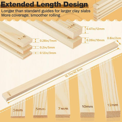 Sasylvia 10 Pcs Pottery Rolling Pin Guides Wood Teaching Rolling Mud Stick Guide Set Polymer Clay Depth Guide Pottery Tools Clay Mudboard Tools (5 Size Lengthen,Wood Color) - Image 2