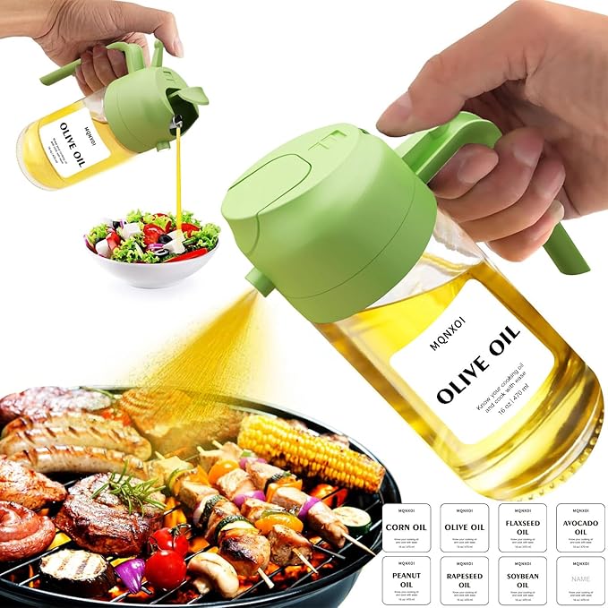 2 in 1 Glass Oil Sprayer & Dispenser,16oz/470ml Olive Cooking, Air Fryer, and Salad, for Kitchen Gadgets and Air Fryer Accessories, w/Stickers (Green) - Image 9