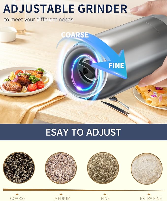 CIRCLE JOY Gravity Electric Salt and Pepper Grinder Set, Battery Powered Automatic Pepper Mills with Adjustable Coarseness, One Hand Operation, 176ml Large Container, Silver - Includes 8 Batteries - Image 4
