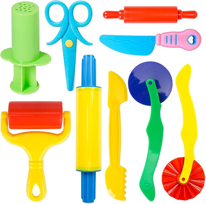 Dough Tool Kit,9 Pcs Basic Clay and Dough Tools Starter Set for Kids Includes Cutters Roller, Rolling Pins, Safety Scissors,Dough Extruder,Plastic Knife by iShyan