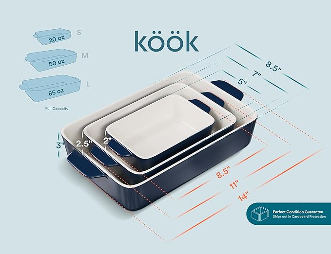 Kook Casserole Dish, Ceramic Baking Dish, Large Lasagna Pan Deep for Oven, 8.5 x 14, 11 x 7, 8 x 5, Set of 3, 92oz, 50oz, 20oz, Baking Pan with Handles, Oven Safe and Durable, Home, Gift, (Navy) - Image 6