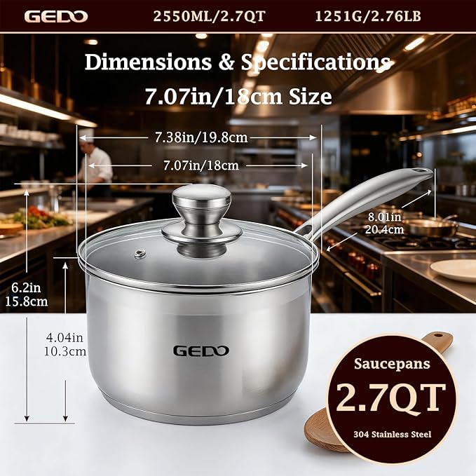 GEDO Food-Grade 316L Stainless Steel Sauce Pan with Glass Lid, 3-Ply Integrated Body Uncoated Cooking Pot, Universal for Induction Gas Ceramic Stovetops, Multi-Purpose Kitchen Cookware (2.7, Quarts) - Image 3